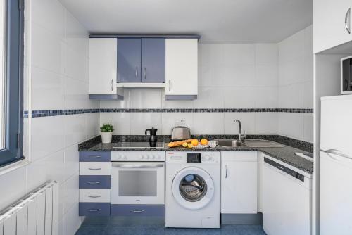 a white kitchen with a washing machine and a sink at Apartamentos Alday in Maliaño