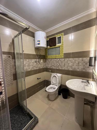 a bathroom with a shower and a toilet and a sink at JRE-EG modern aprt11Sheikh Zayed in Sheikh Zayed