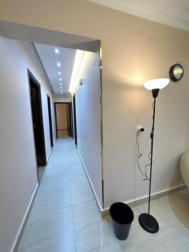 a hallway with white walls and a lamp and a light at JRE-EG modern aprt11Sheikh Zayed in Sheikh Zayed