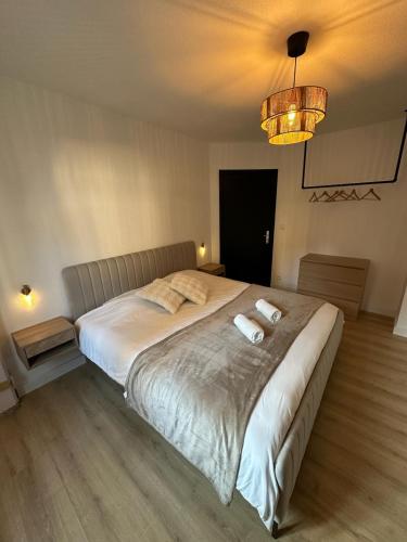 une chambre avec un grand lit et un lustre dans l'établissement Le Nid de la Cathédrale, à Colmar