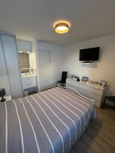 une chambre avec un grand lit et une télévision dans l'établissement Appartement La Mongie au pied des pistes T2 46 m2 parking et wifi, à Bagnères-de-Bigorre