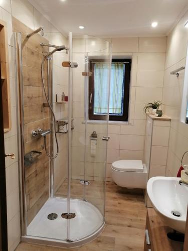 a bathroom with a shower and a sink at Ferienwohnung Stilla Traurig in Arrach
