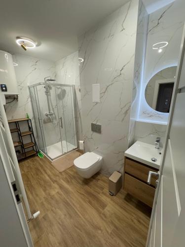a bathroom with a shower and a toilet and a sink at The Hook Apartments in Dolný Kubín