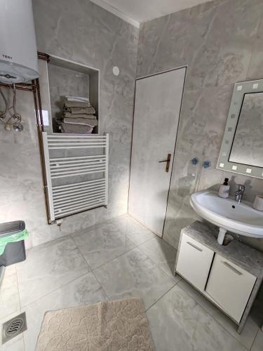 a bathroom with a sink and a shower and a mirror at River house Golac in Gospić