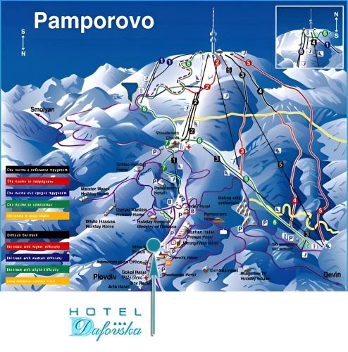 a map of the ski slopes of pantomodon at Dafovska Hotel in Pamporovo