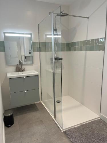 une salle de bain avec une douche en verre et un lavabo dans l'établissement Studio - terrace Quiet & Cozy, à Montpellier
