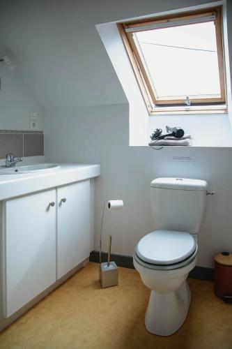 une salle de bain avec toilettes, lavabo et fenêtre dans l'établissement Maison conviviale avec jardin à Pordic - Idéale pour 13 pers., à Pordic