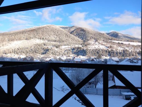 a view of a snowy mountain from a window at Синевирський Краєвид in Synevyr