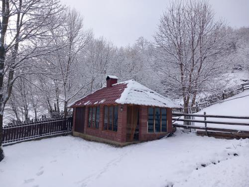 a small building with snow on top of it at Синевирський Краєвид in Synevyr