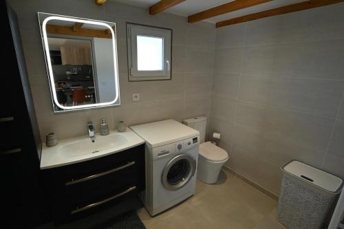 une salle de bain avec une machine à laver et un lavabo dans l'établissement Gîte le pontilh, à Saint-Privat