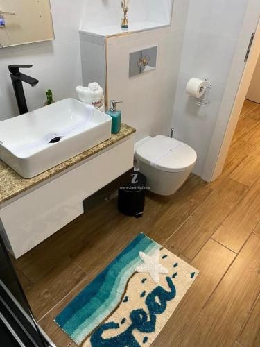 a bathroom with a sink and a toilet and a rug at Yvo 18 by Signature in Mamaia Sat/Năvodari