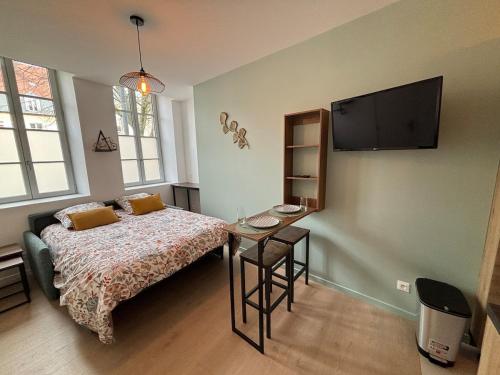 une chambre avec un lit et une télévision au mur dans l'établissement Studio Le Moulinois, à Moulins