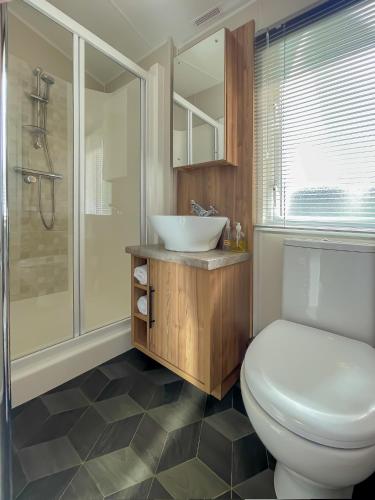 a bathroom with a toilet and a sink and a shower at Luxury Coastal Bay Holiday Home in Hartley