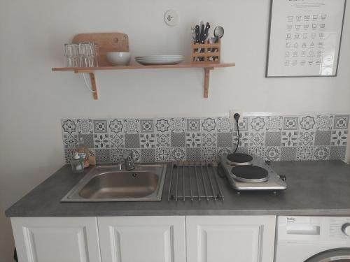 Il comprend une cuisine équipée d'un évier et d'une cuisinière. dans l'établissement Studio au calme à la campagne 2, 4 ou 6 personnes, à Denonville