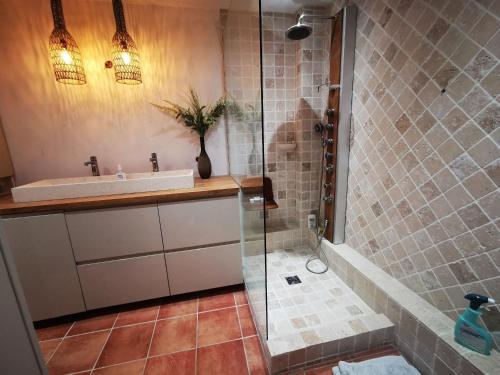 une salle de bain avec un lavabo et une douche dans l'établissement Aix centre, 2 room apartment garden, parking, à Aix-en-Provence