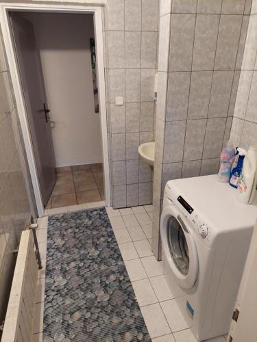 a washing machine in a bathroom with a shower at Hostel - Rooms Kaj & Kaja in Slivnica pri Mariboru