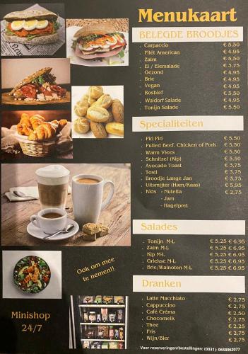 a menu for a restaurant with food and drinks at LuxChalet Ferienhaus ELLA mit Aussicht auf die Ijssel im Ferienpark mit Pool und Strand Holland Niederlande in Lathum