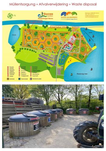 two pictures of a map of a park at LuxChalet Ferienhaus ELLA mit Aussicht auf die Ijssel im Ferienpark mit Pool und Strand Holland Niederlande in Lathum