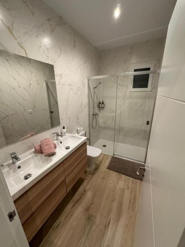 a bathroom with a shower and a sink and a toilet at Apartamento Mar in Benajarafe