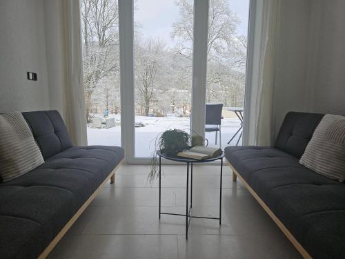 a living room with two couches and a table at Ferienwohnung Zur Nordalb in Deggingen