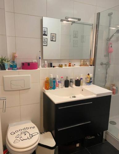 une salle de bain avec toilettes et lavabo dans l'établissement Appartement cosy proximité gare de Saint Cloud, à Saint-Cloud