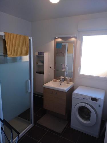 une salle de bain avec une machine à laver et un lavabo dans l'établissement Appartement proche de la mer, à Banyuls-sur-Mer