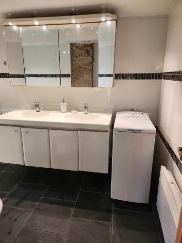 a bathroom with two sinks and a large mirror at Roubenka Krkonoše - Adršpach in Radvanice