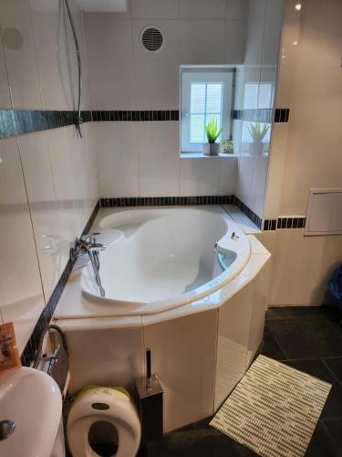 a bathroom with a tub and a toilet and a sink at Roubenka Krkonoše - Adršpach in Radvanice