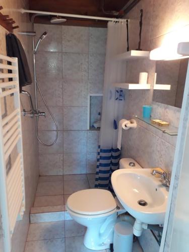 une salle de bain avec toilettes et lavabo dans l'établissement Studio meublé 2 pièces jardin piscine, à Soulac-sur-Mer