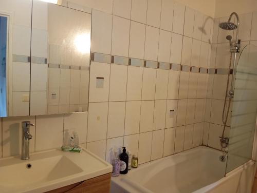 a bathroom with a tub and a sink and a mirror at villa timokei in Fond Saint-Jacques