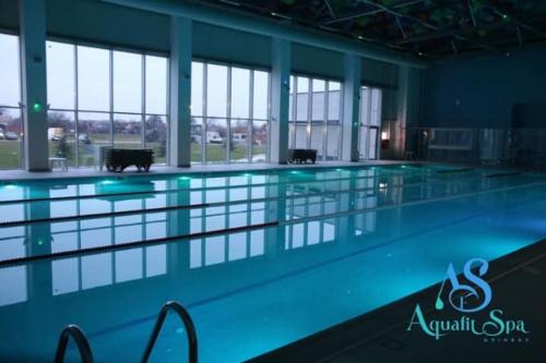 a large swimming pool with blue water in a building at Vila Gloria ,Brașov in Ghimbav