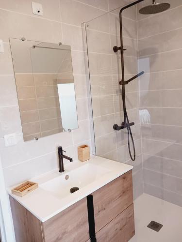 une salle de bain avec un lavabo et une douche dans l'établissement Jolie maison contemporaine proche plage, à Ploudalmézeau