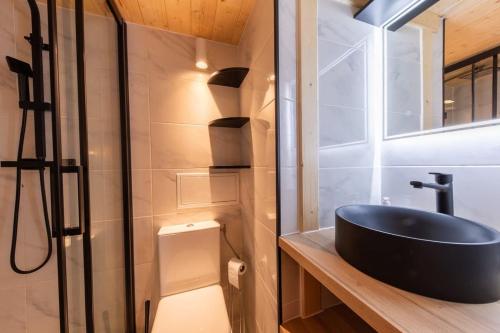 une salle de bain avec un lavabo noir et des toilettes dans l'établissement Le Royal - Lyon 1er - Studio Mezzanine Croix Paquet, à Lyon