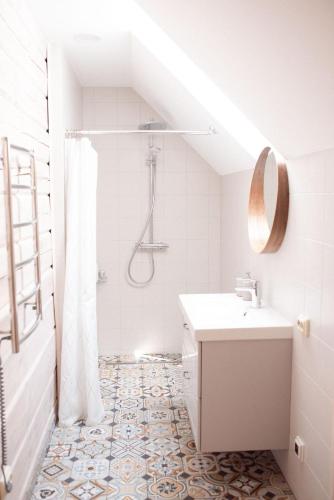 a bathroom with a shower and a sink at Pakaso sodyba, šiaurinė pusė in Kirdeikiai