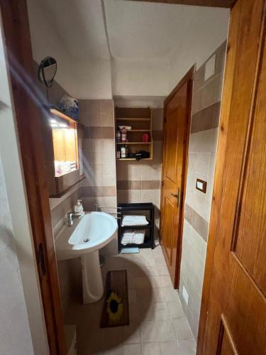 a small bathroom with a sink and a mirror at Sweet Home in Palena