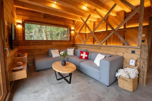 une chambre avec un canapé et une table dans une cabine dans l'établissement Chalet Les Cimes - Sauna - Jacuzzi, à Gérardmer