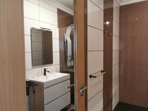 a bathroom with a sink and a mirror at A Flor da Rosa in Vila Nova de Foz Coa