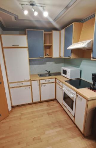 a kitchen with white appliances and wooden cabinets at Ferienwohnung Auer in Tulwitzdorf