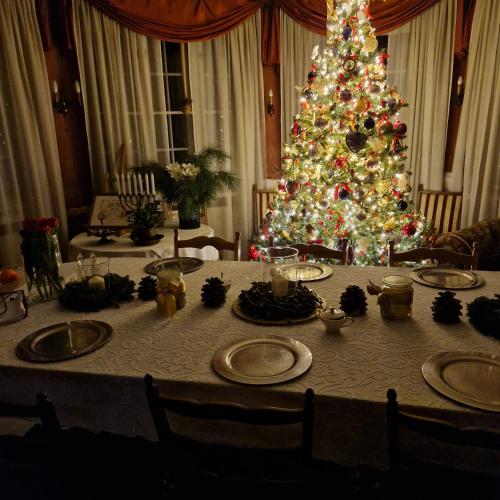 a christmas table with a christmas tree in a room at Willa Marysin in Maków Podhalański
