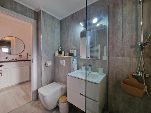 Un baño con inodoro, lavabo y ducha. en Elite Apartment Onesti, en Onești