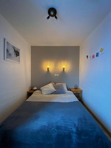 - une chambre avec un lit bleu et un ventilateur de plafond dans l'établissement L'Ourson skis aux pieds, à Valmeinier