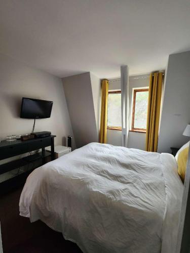 a bedroom with a bed and a desk and a television at Auberge des Nuages in La Malbaie