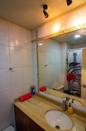 a bathroom with a sink and a mirror at Hermosa vista laguna tres Pascualas in Concepción