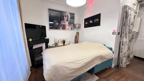 - une chambre avec un lit, une cheminée et une télévision dans l'établissement 2 Pièces de charme Montmartre, à Paris