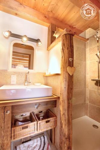 une salle de bain avec un lavabo et un miroir dans l'établissement Lys des Neiges Côté Forêt, à Les Déserts