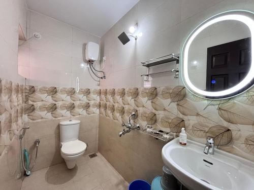 a bathroom with a toilet and a sink and a mirror at Cozy 3 BHK row house near Panjim in Bambolim