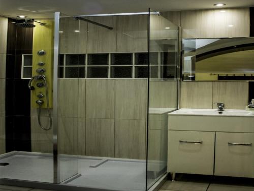 a bathroom with a shower and a sink at Travel Inn Apartments in Budapest