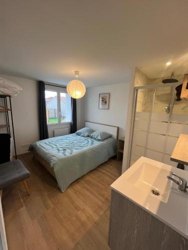 une chambre avec un lit et un lavabo dans l'établissement le Cocon des Vignes, cosy, climatisé, wifi, parking privé, à Tain-lʼHermitage