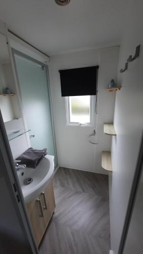 une petite salle de bain avec un lavabo et un miroir dans l'établissement Mobil home charmant EMPL 521, aux Mathes