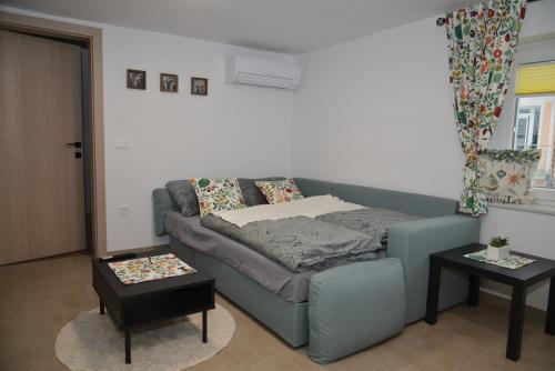 a living room with a couch and a bed at Apartments Šlosarjeva Hiša Nature & Tradition in Preddvor